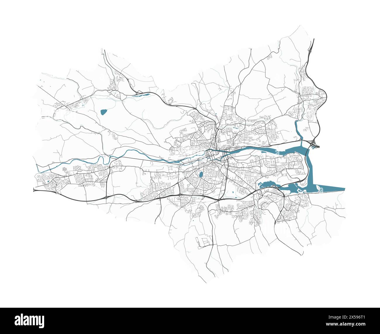 Map of Cork, Ireland. Detailed city vector map, metropolitan area with border. Streetmap with roads and water. Stock Vector