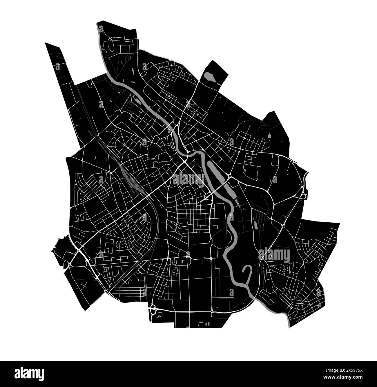 Map of Tartu, Estonia. Detailed city vector map, metropolitan area with border. Black and white streetmap with roads and water. Stock Vector
