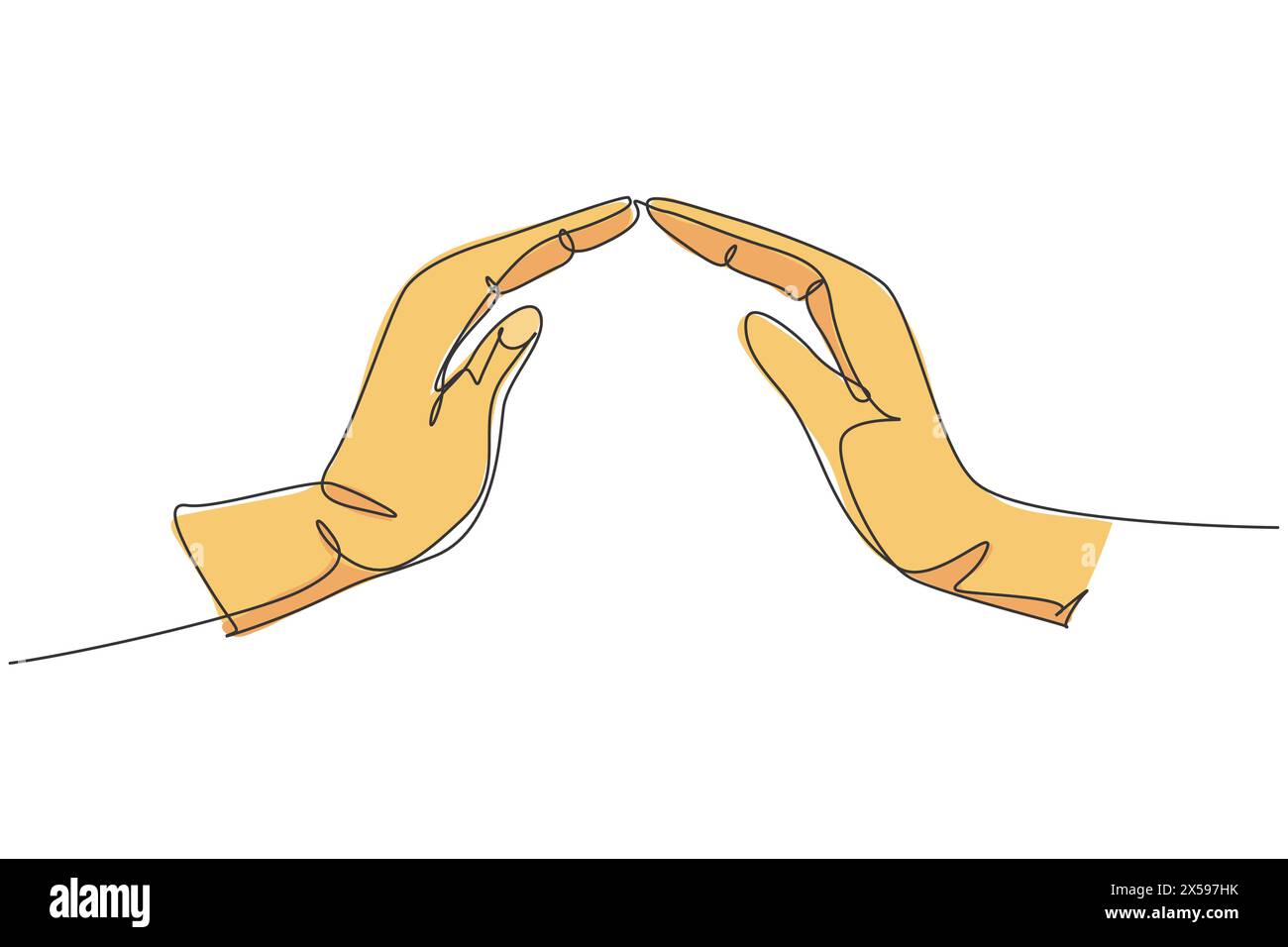 Hands protect. Continuous one line drawing of hand gesture protection minimalist vector illustration design on white background. Isolated simple line Stock Vector