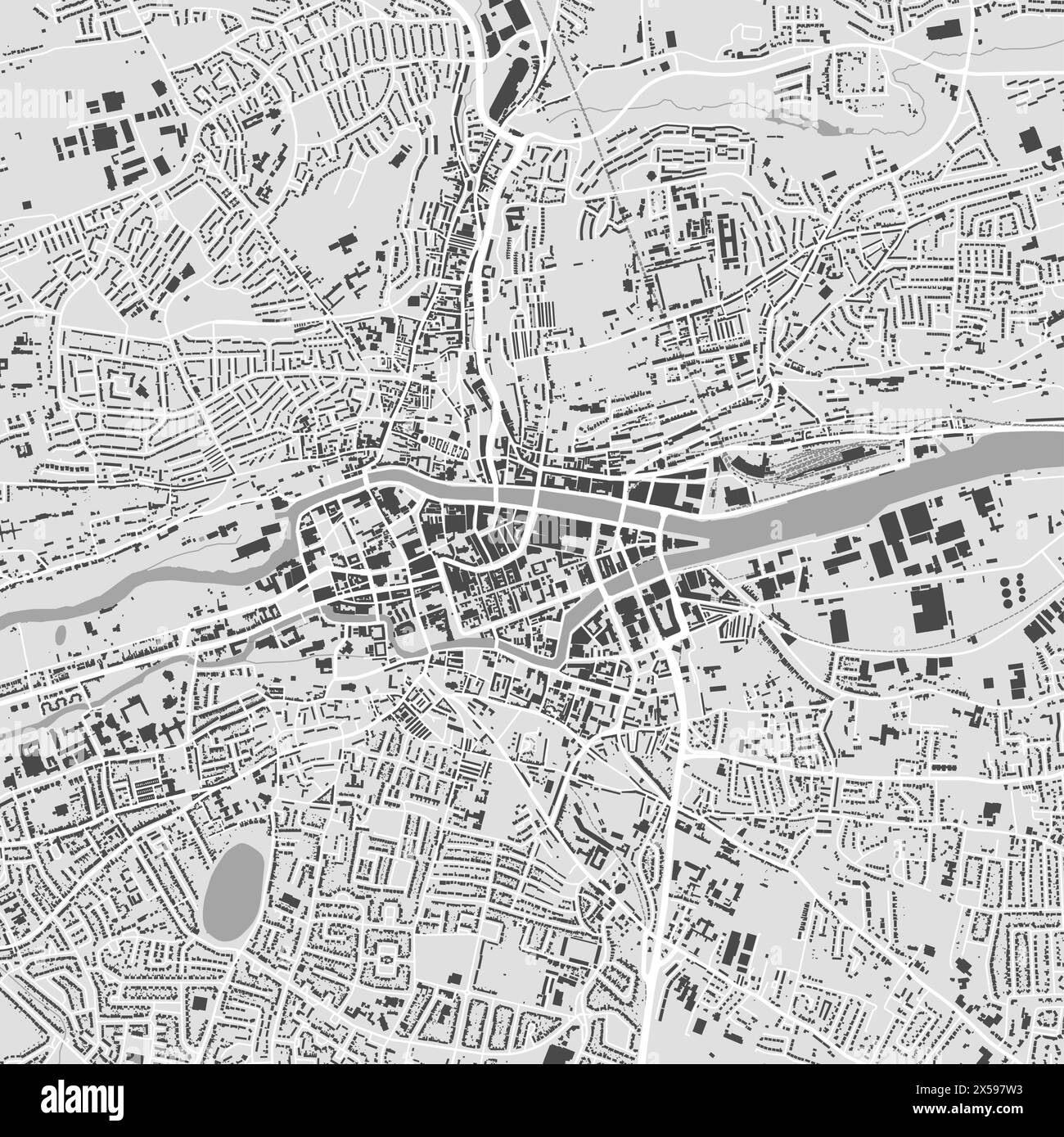 Cork map, Ireland. Grayscale color city map, vector streetmap with buildings, roads and rivers