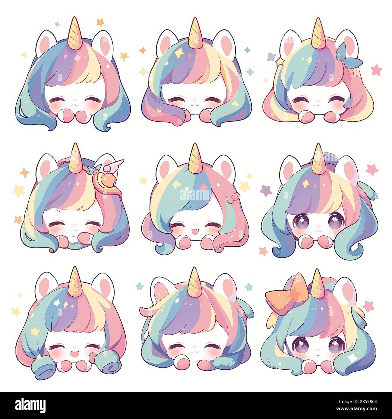 unicorn chibi rainbow hair color set emotes stickers cute kawaii adorable kids children pastel colors logo emoji Stock Photo