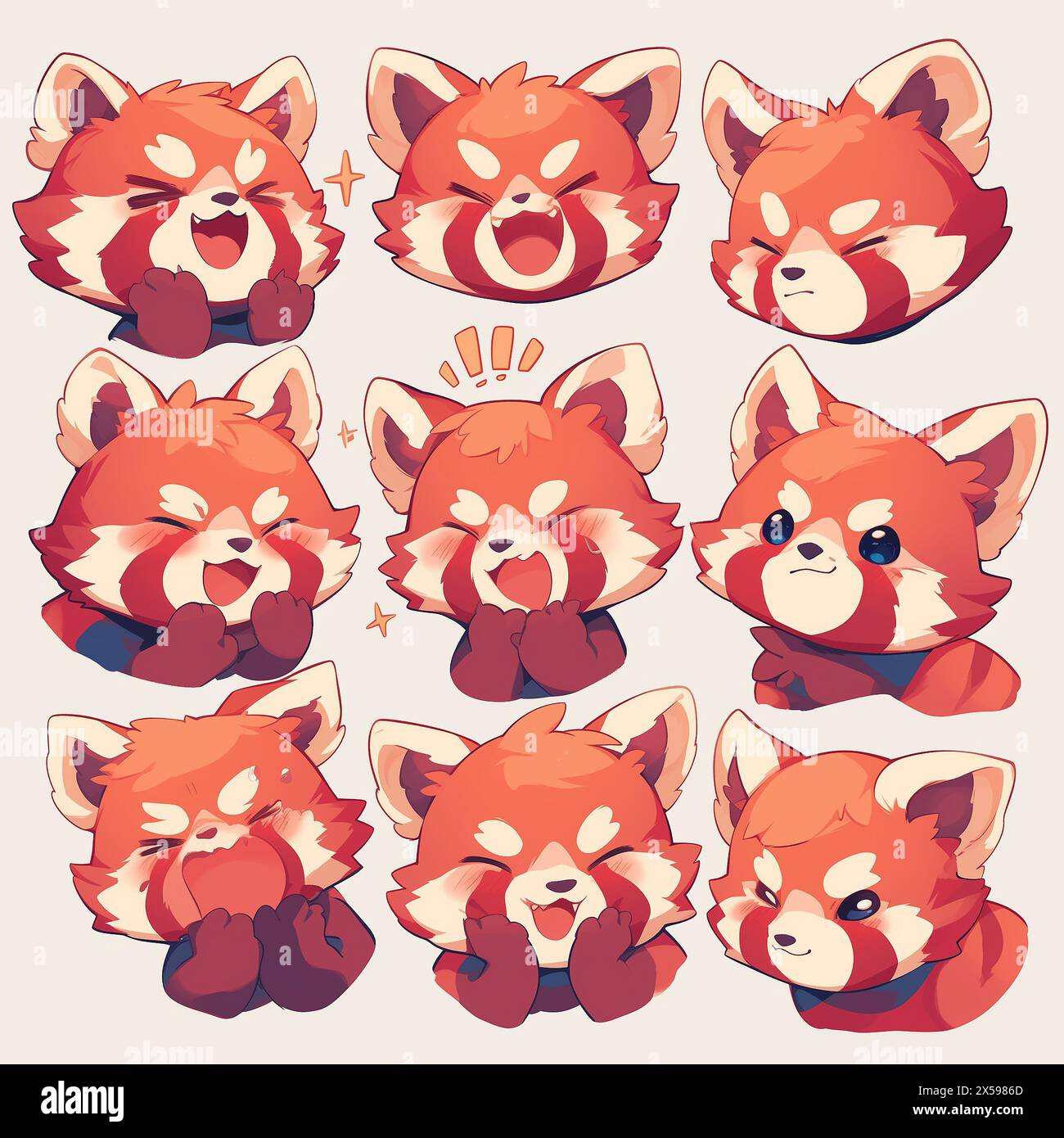 9 set red panda expressions emotes stickers cute kawaii adorable kids children pastel colors logo emoji Stock Photo
