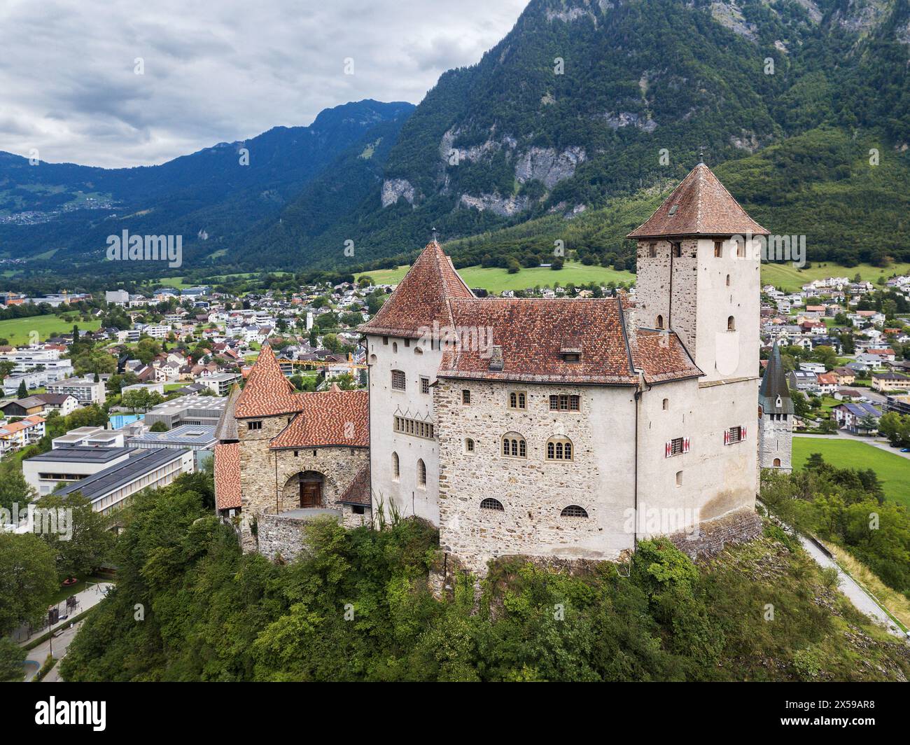 Balzers, Liechtenstein - 03. August 2023: Aerial image of the medieaval ...