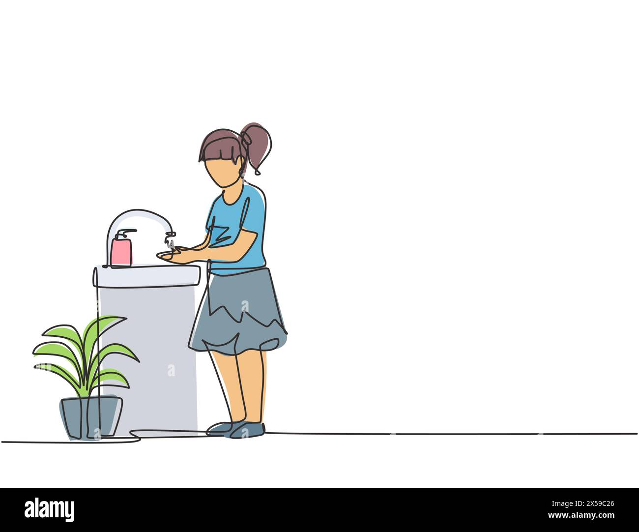 Single continuous line drawing a girl washes her hands in the sink, there is a soap dish by the tap and there is a pot of plants under the sink. One l Stock Vector