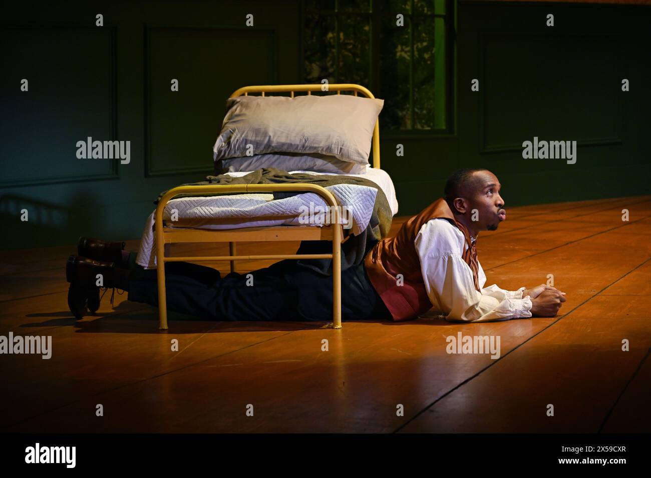 LONDON, ENGLAND, UK - MAY 07 2024: Kiell Smith-Bynoe as Percy Fopdoodle casts of The Government Inspector, Marylebone Theatre, Rudolf Steiner House, London, UK. Credit: See Li/Picture Capital/Alamy Live News Stock Photo