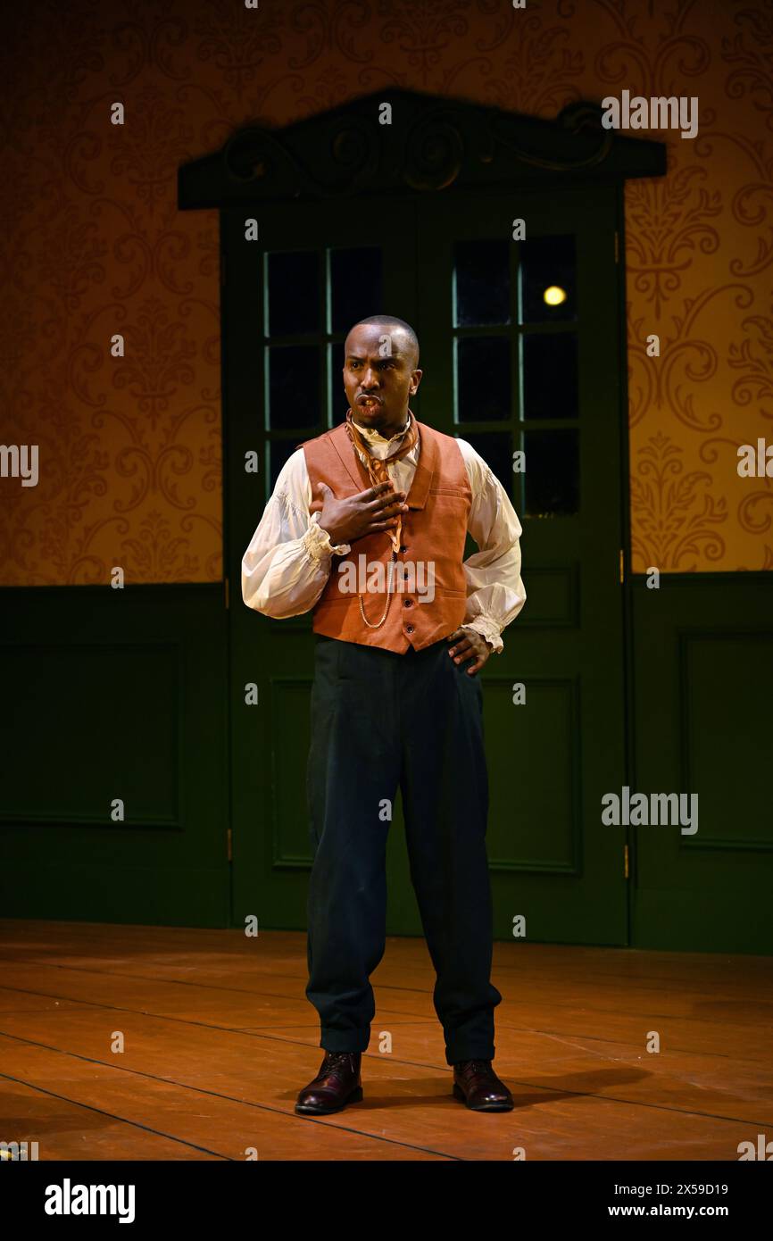 LONDON, ENGLAND, UK - MAY 07 2024: Kiell Smith-Bynoe as Percy Fopdoodle casts of The Government Inspector, Marylebone Theatre, Rudolf Steiner House, London, UK. Credit: See Li/Picture Capital/Alamy Live News Stock Photo