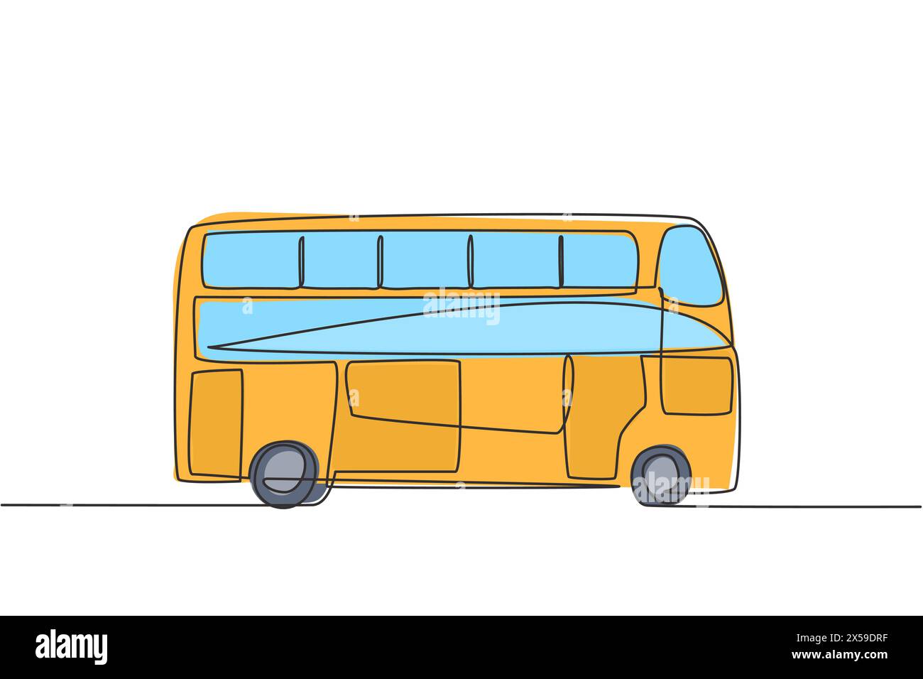 Single continuous line drawing double decker buses that are seen from the side, serve tourists to go around the city enjoying their holidays. Dynamic Stock Vector