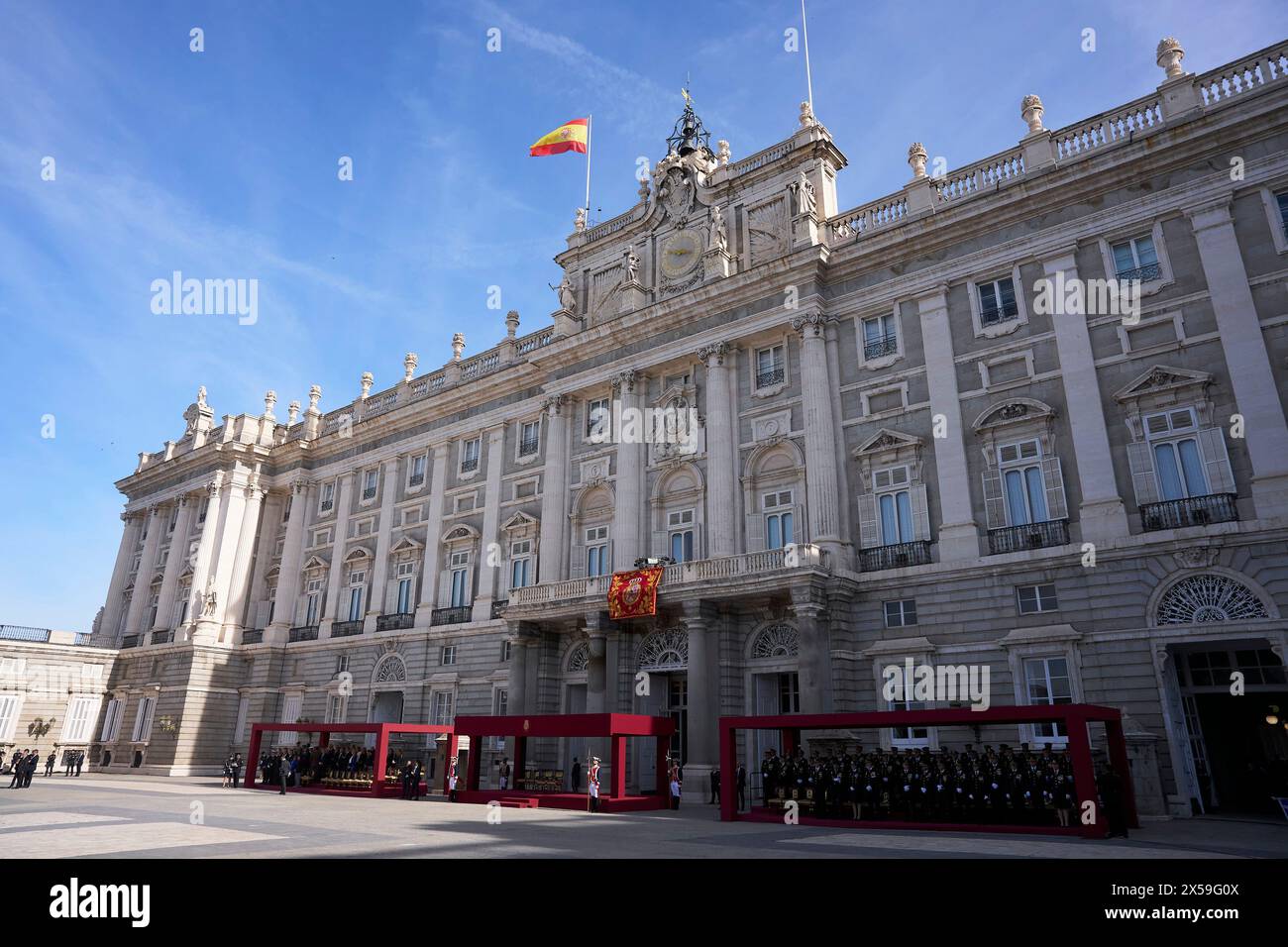 Madrid, Madrid, Spain. 8th May, 2024. Fachade of Royal Palace during bicentenary of the National Police at Royal Palace on May 8, 2024 in Madrid, Spain (Credit Image: © Jack Abuin/ZUMA Press Wire) EDITORIAL USAGE ONLY! Not for Commercial USAGE! Stock Photo