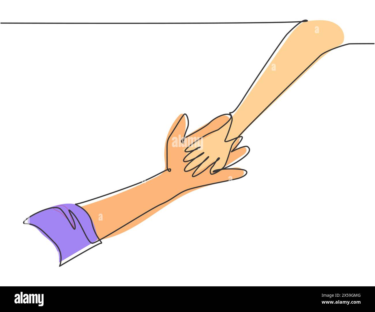 One line drawing of father giving hand to his child. Mother care in continuous line drawing design style. Parental concept vector illustration Stock Vector
