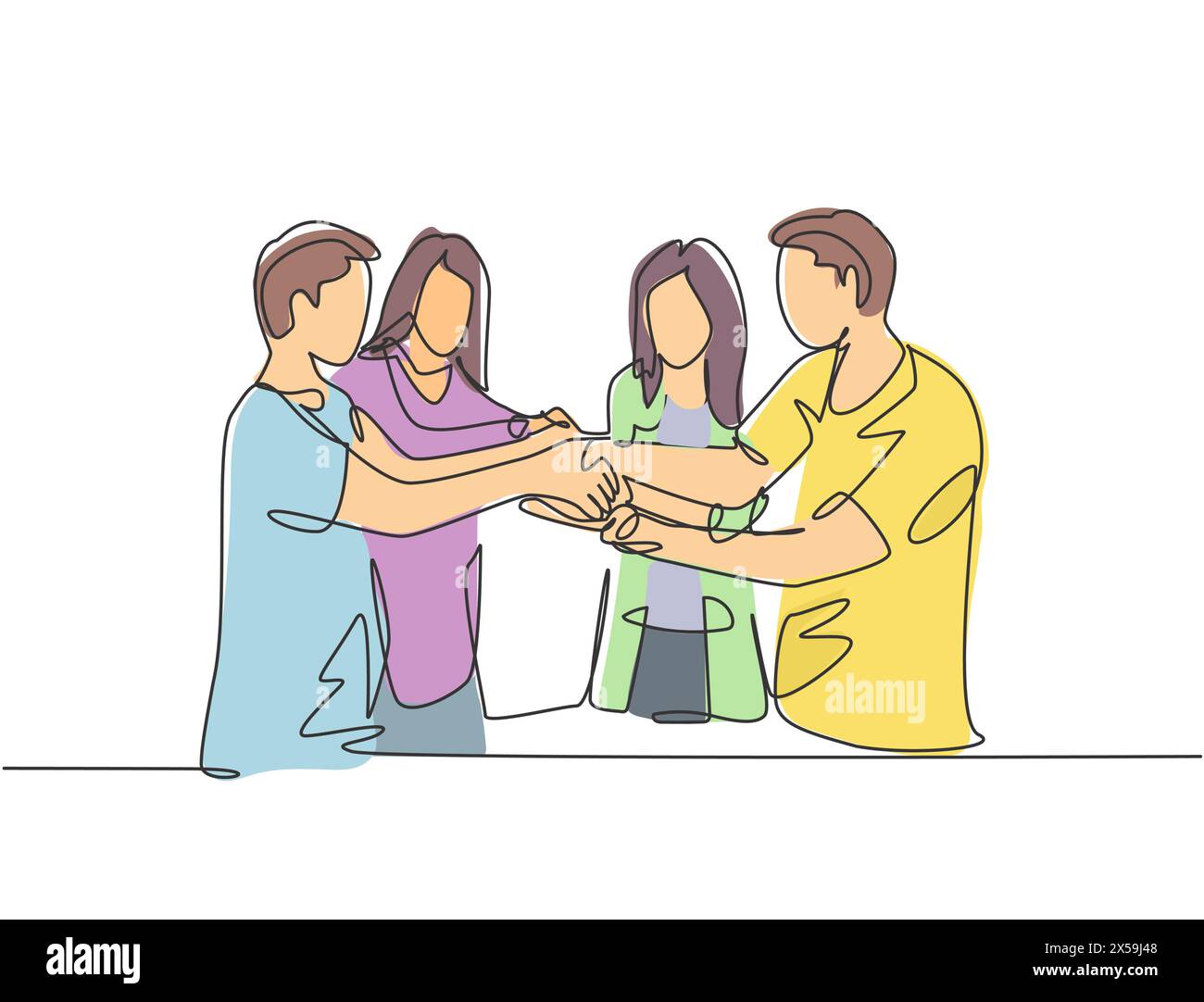 Continuous line drawing of young business group holding hand together as a great team. Business teamwork concept. Single line drawing design, vector g Stock Vector