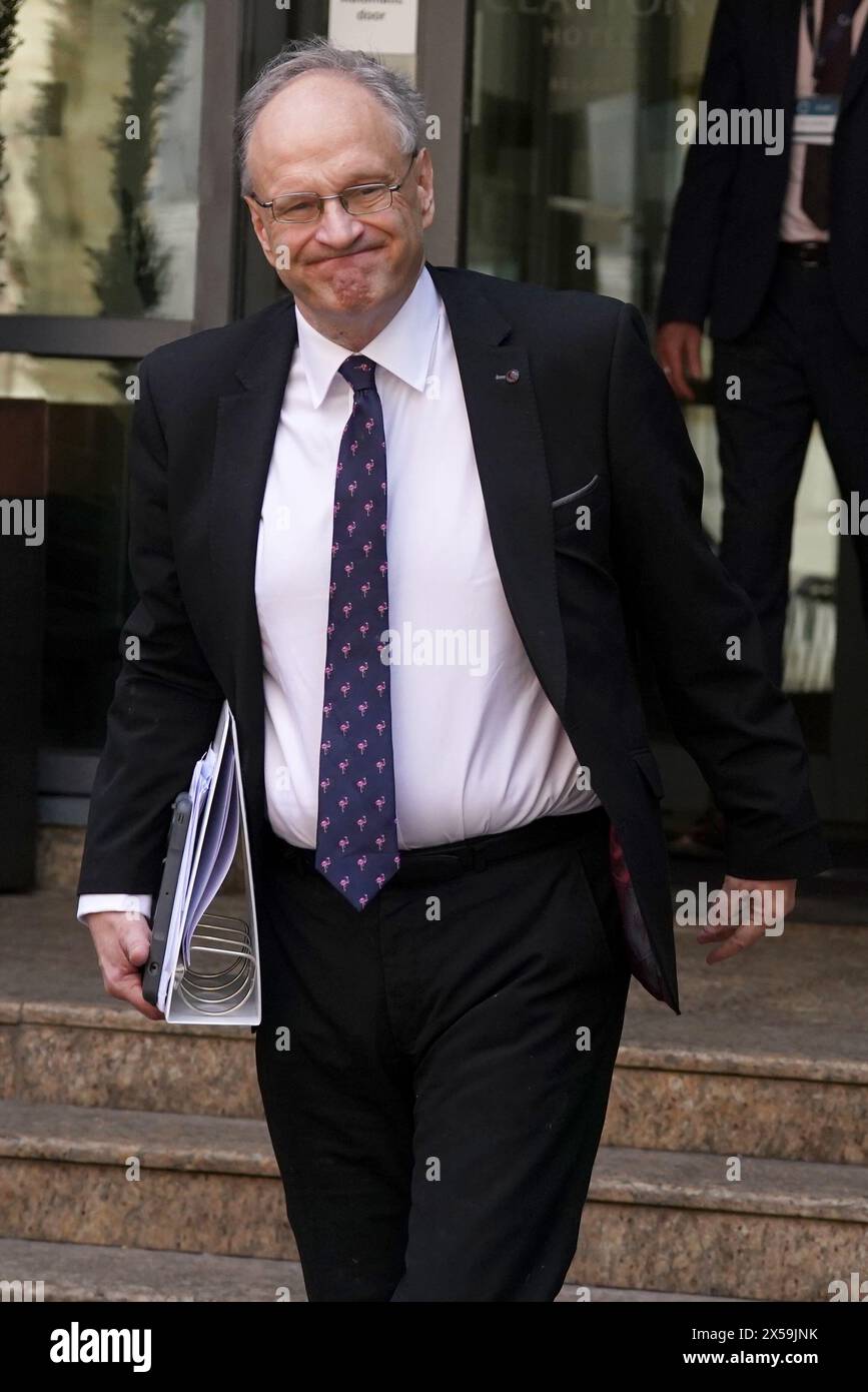 Former DUP education minister Lord Peter Weir leaving the Clayton Hotel in Belfast after giving evidence to the UK Covid-19 inquiry hearing. Picture date: Wednesday May 8, 2024. Stock Photo