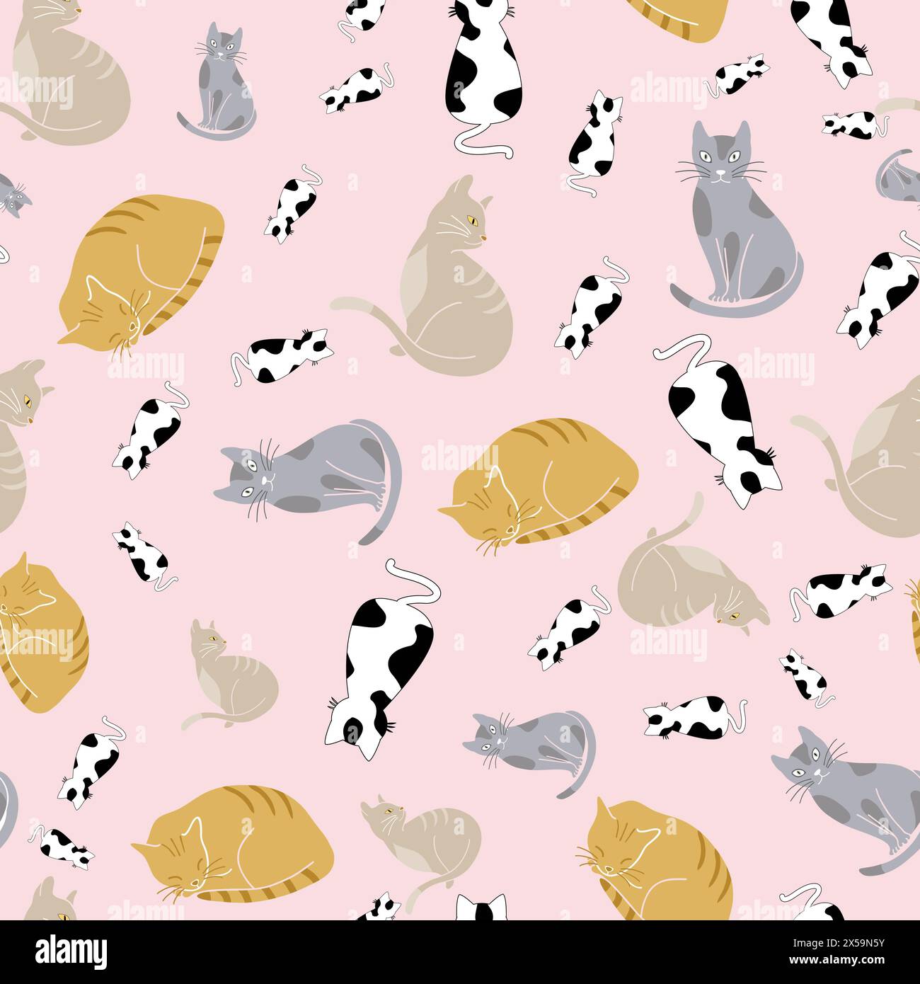 Colorful cats seamless pattern on pastel pink background illustration ...