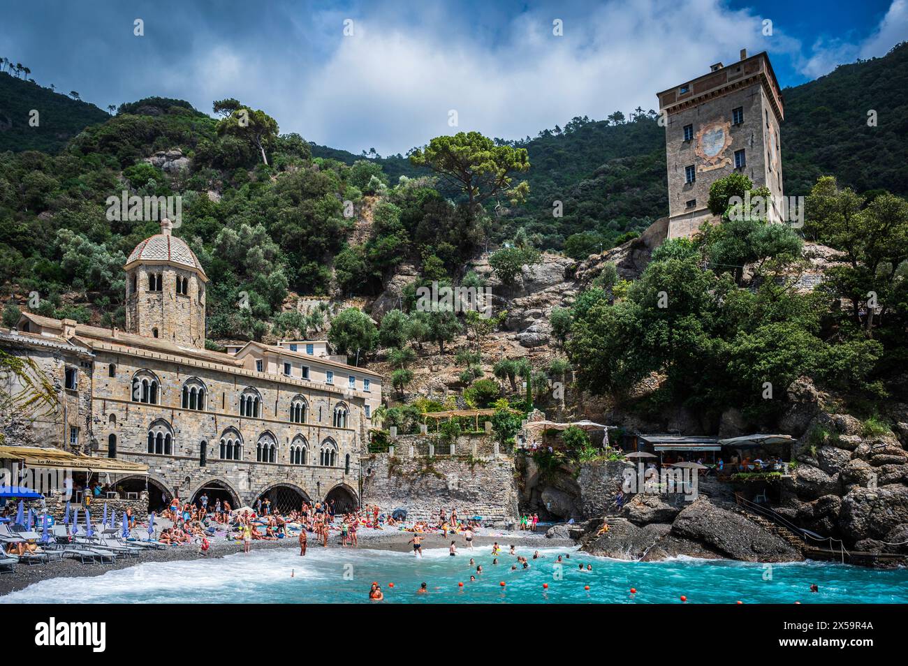 Magic of Liguria. Timeless images. Ancient abbey of San Fruttuoso, bay ...