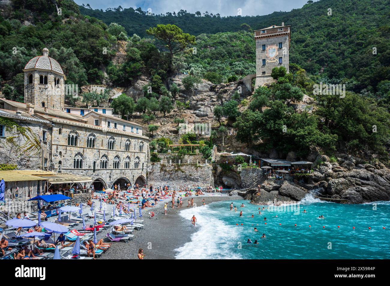 Magic of Liguria. Timeless images. Ancient abbey of San Fruttuoso, bay ...