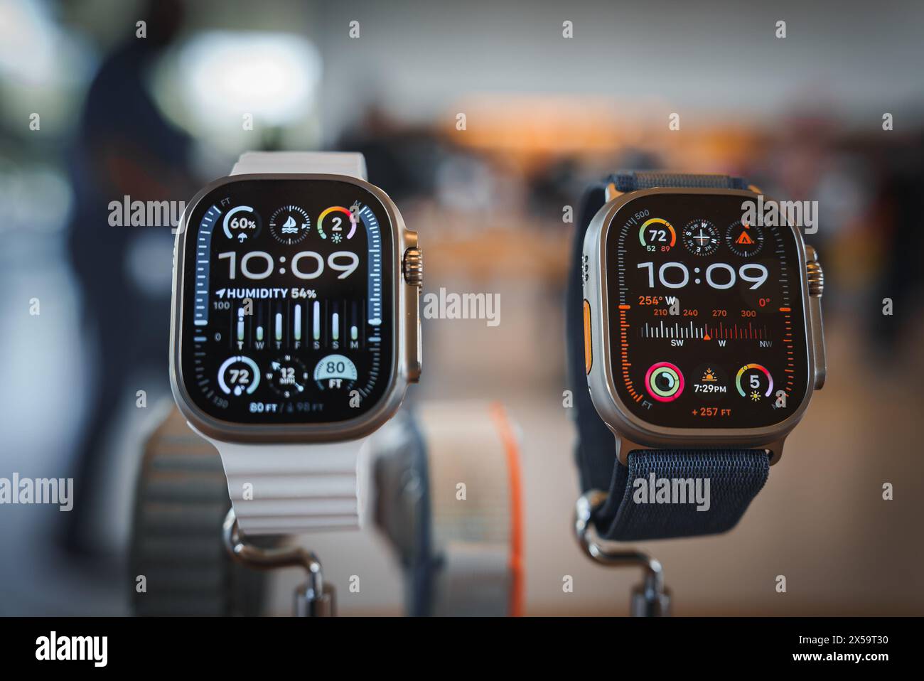 Apple Watches with Intricate Watch Faces, Apple Store Interior Stock Photo
