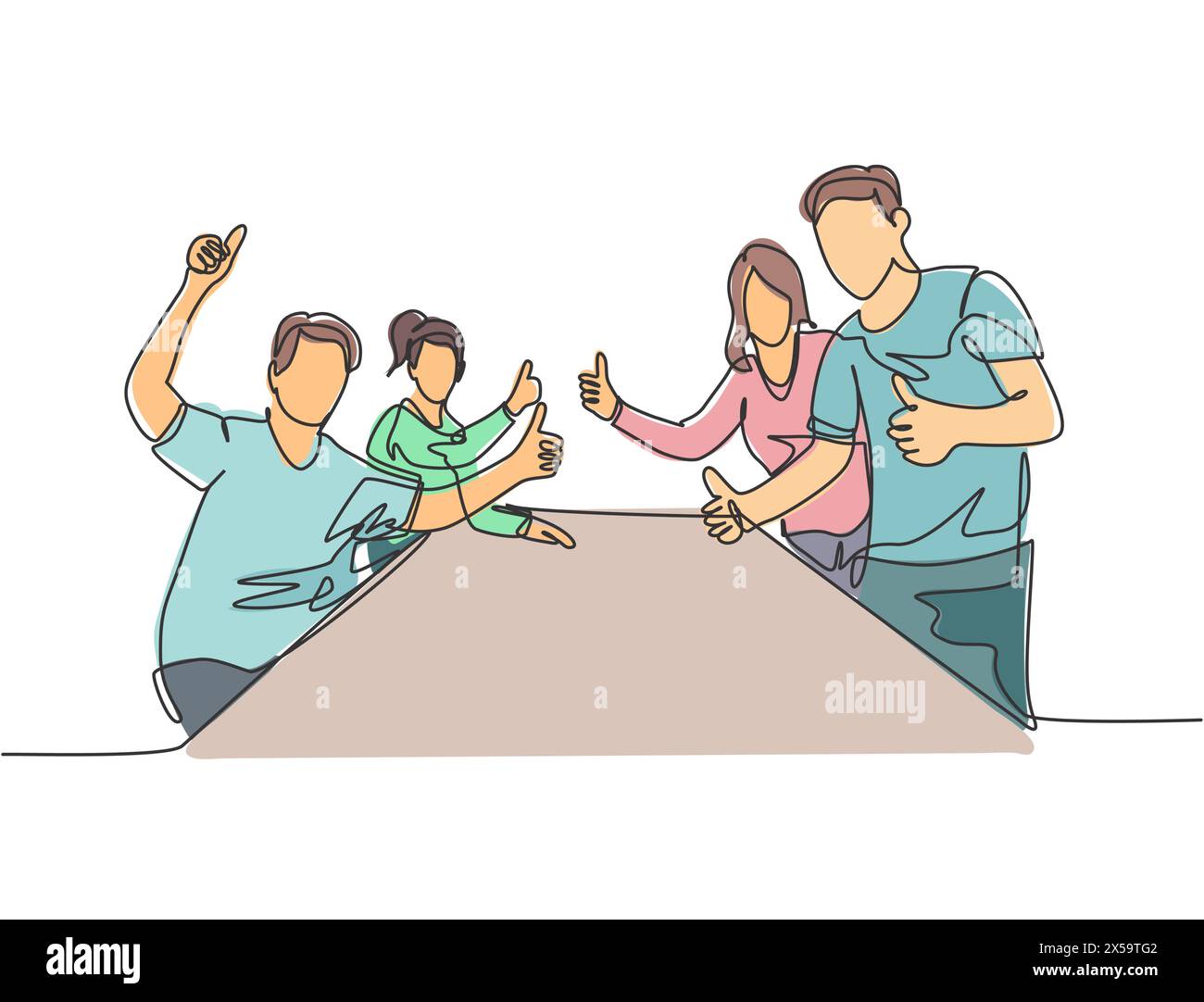 Single line drawing group of young happy businessmen and businesswomen ...