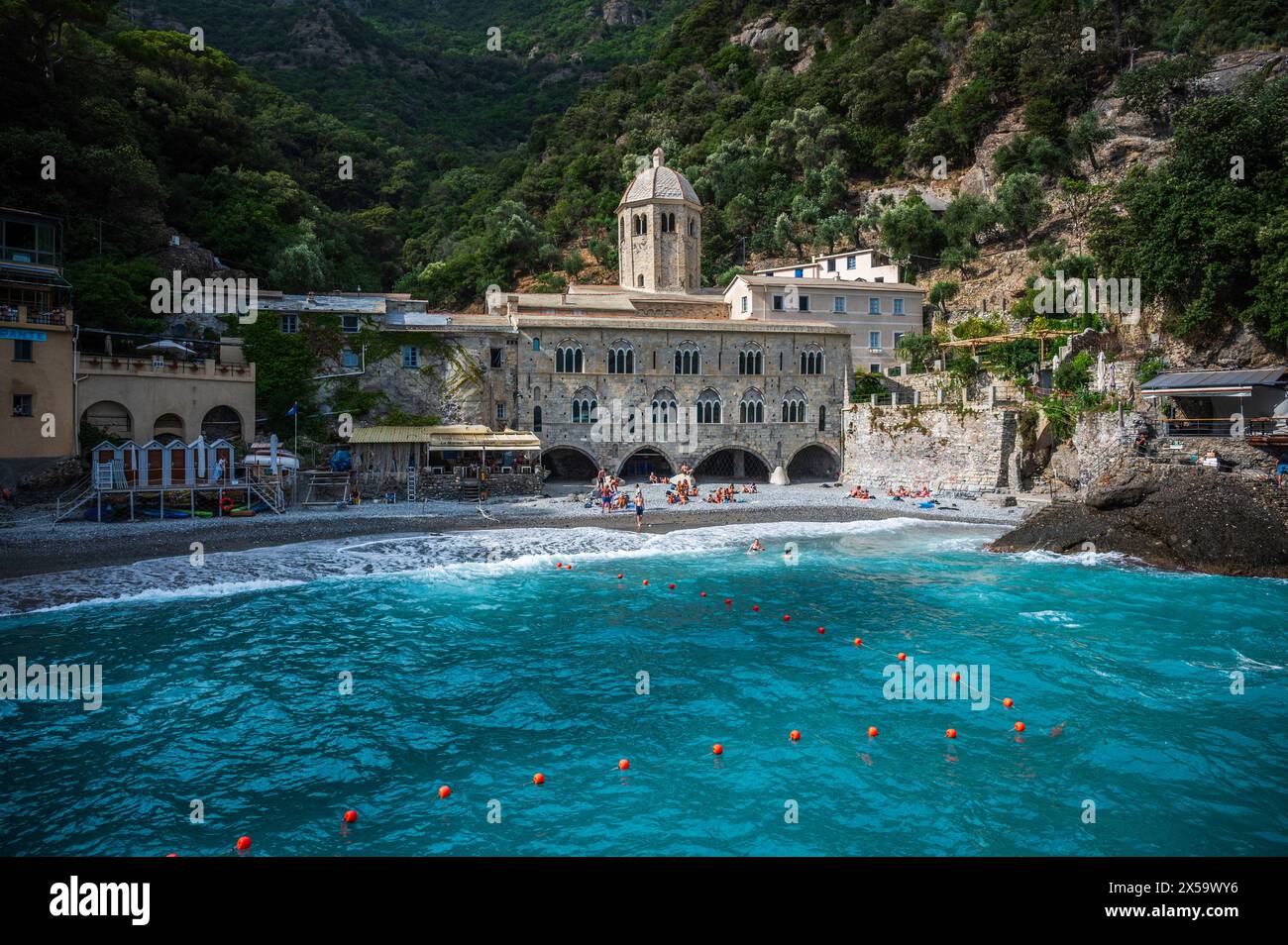 Magic of Liguria. Timeless images. Ancient abbey of San Fruttuoso, bay ...