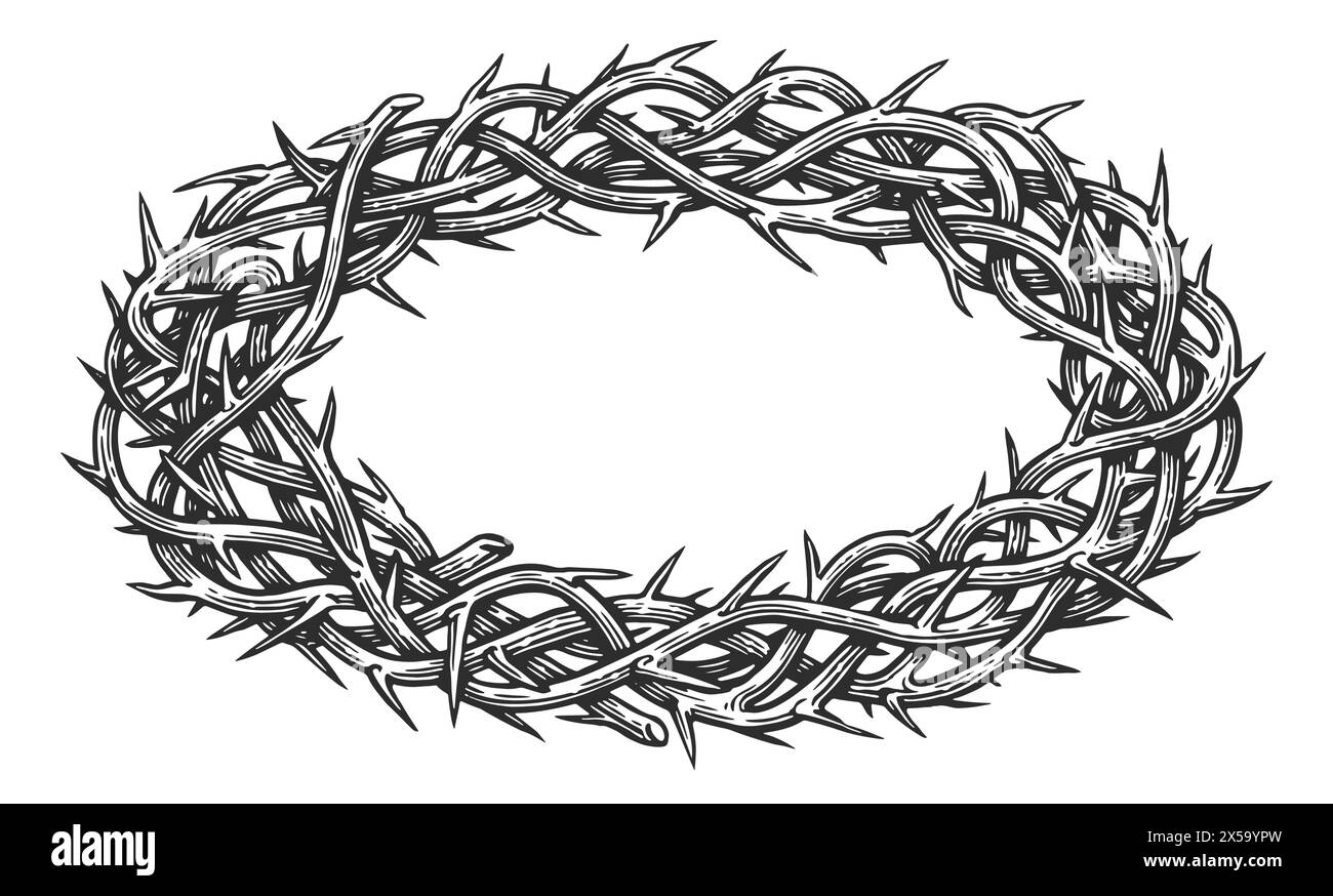 Branches of thorns woven into crown in sketch style. Biblical symbol of Jesus Christ Stock Vector
