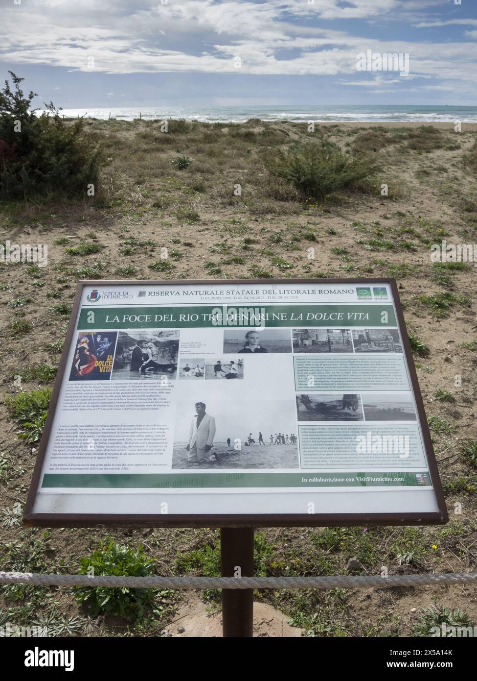 A stretch of beach near Rio Tre Denari in the Roman coastline nature reserve, Italy, where Federico Fellini shot the final scene of La Dolce Vita. Stock Photo