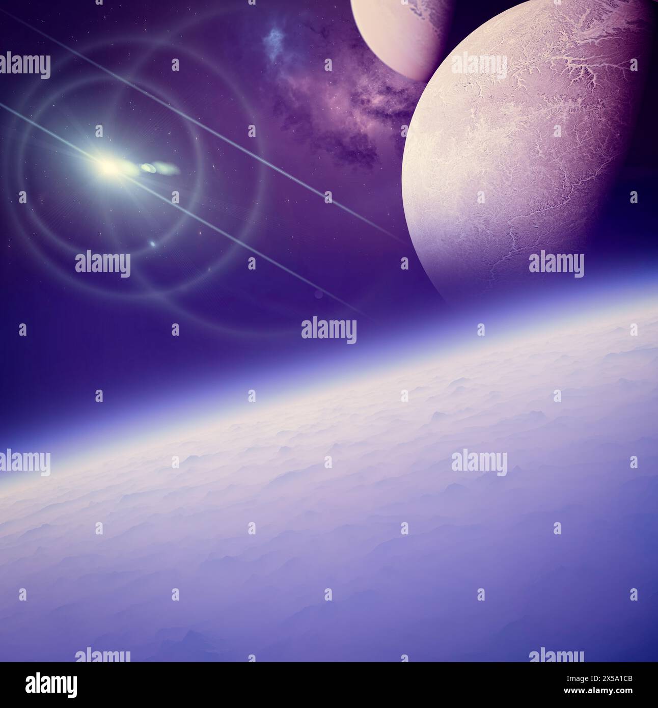Sci-fi landscape. Exoplanet seen from one of its moons. Satellites of ...