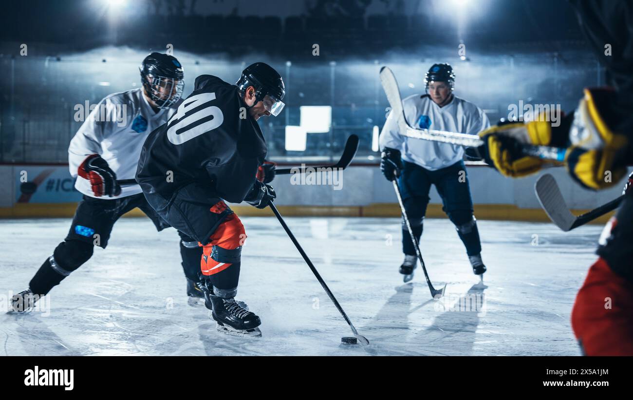 Ice Hockey Rink Arena: Professional Defender Player Attacks, Pushing ...