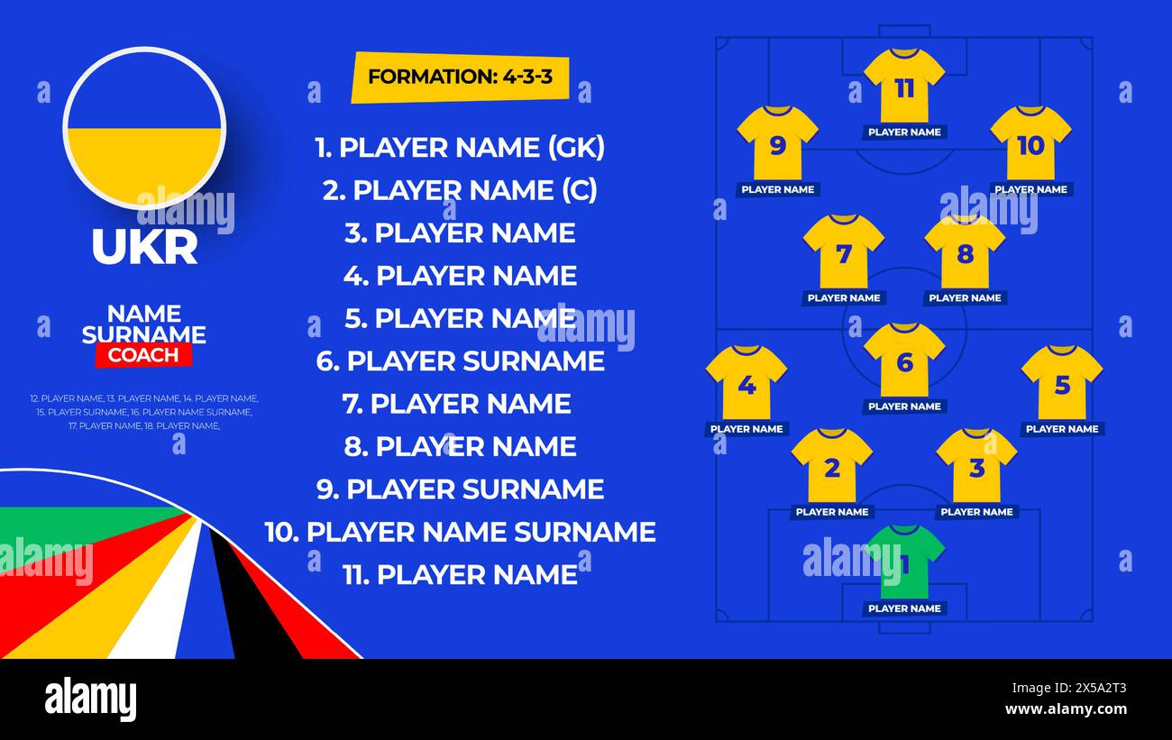 Ukraine Football team starting formation. 2024 football team lineup on filed football graphic for soccer starting lineup squad. vector illustration. Stock Vector