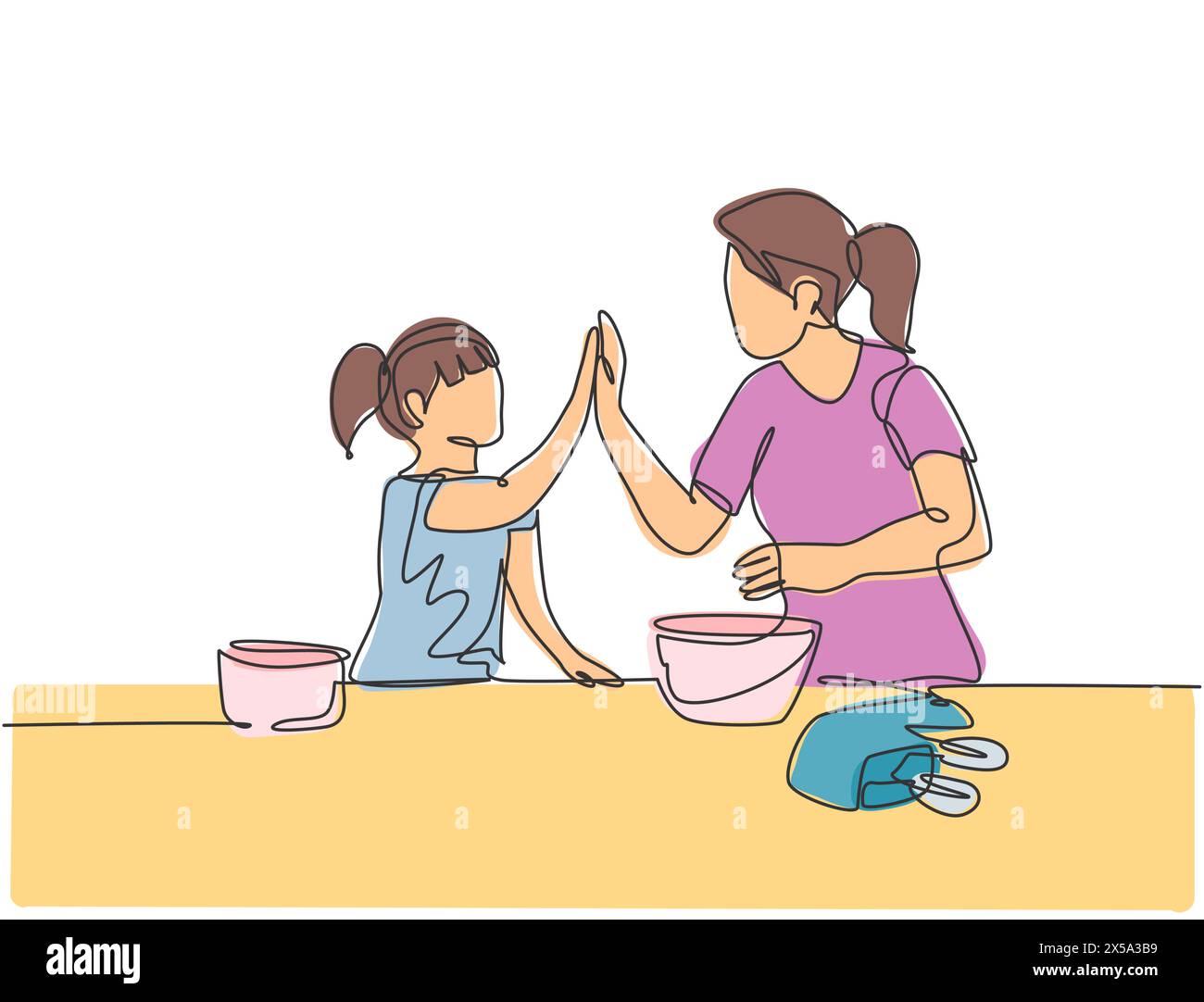 Single line drawing of mother and daughter preparing to cook some cookies at the kitchen and giving high five gesture. Parenting concept continuous li Stock Vector