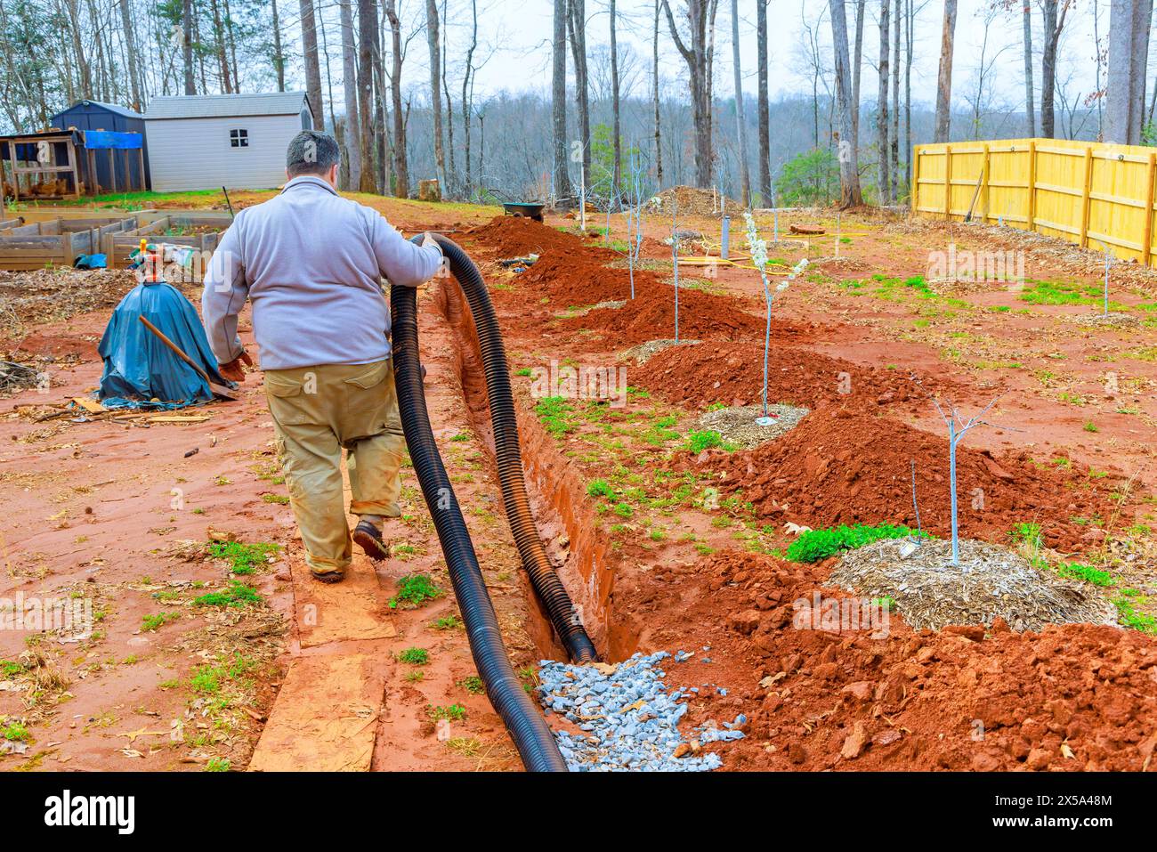 Adding storm drainage pipe to trench drain for draining rainwater Stock ...