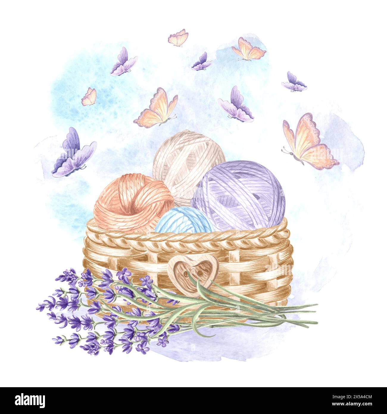Lavender twig Balls of yarn in wicker basket Butterflies flying ...