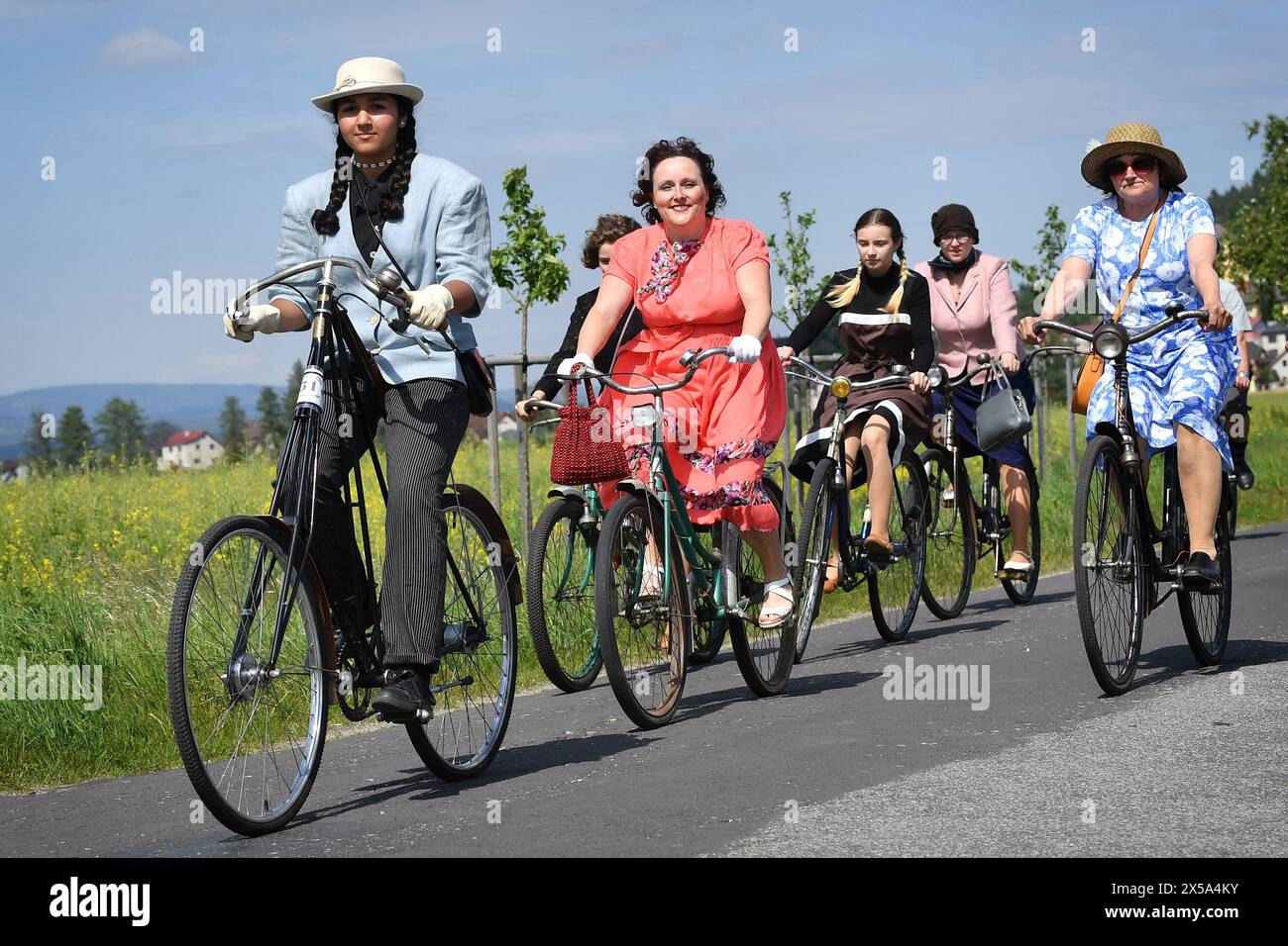 May 8, 2024, Vsen, Czech Republic: Historic High Wheel Penny-farthing bicycle ride in Vsen in the Bohemian Paradise region of the Czech Republic. Vintage with a bright twist, hoping to win the best dressed bike competition in the annual Historic High Wheel Penny-farthing bicycles ride. The penny-farthing, also known as a high wheel and ordinary, is a type of bicycle with a large front wheel and a much smaller rear wheel. It was popular after the boneshaker until the development of the safety bicycle in the 1880s. It was the first machine to be called a ''bicycle' (Credit Image: © Slavek Ruta/Z Stock Photo