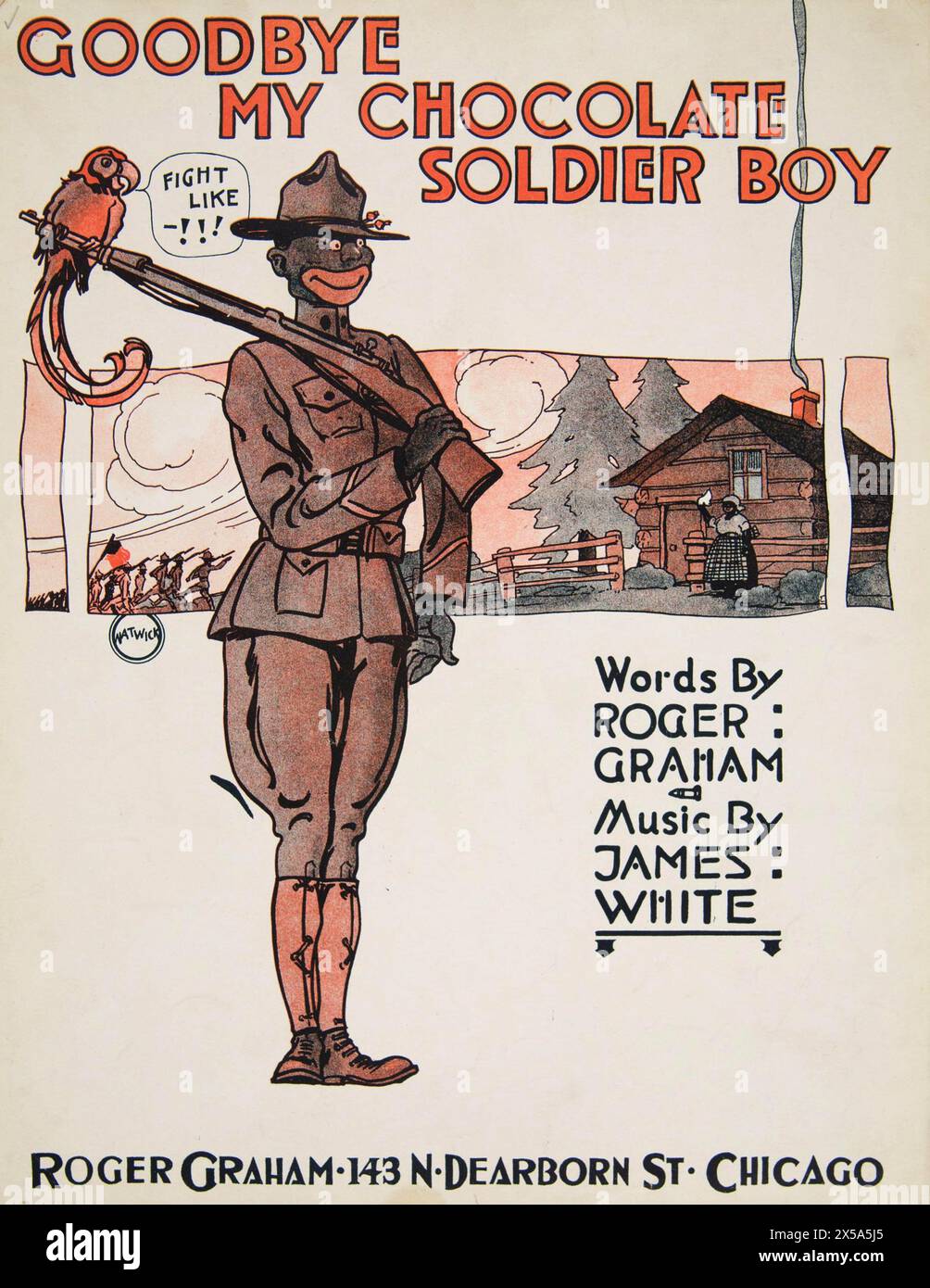 'Goodbye my Chocolate Soldier Boy', words by Roger Graham, Music by James White.  Vintage American WWI Sheet Music Cover artwork. circa 1910s Stock Photo