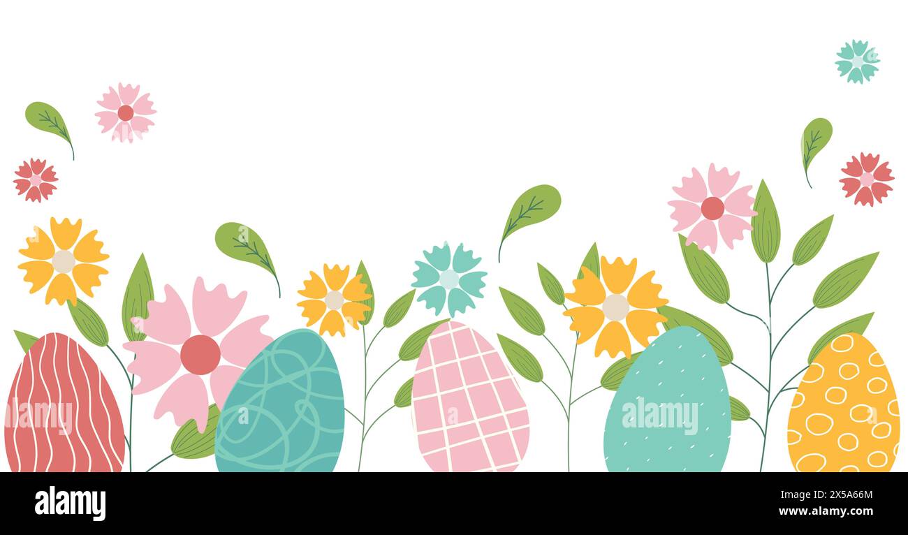 Colorful easter eggs with flowers and leaves at bottom of picture on ...