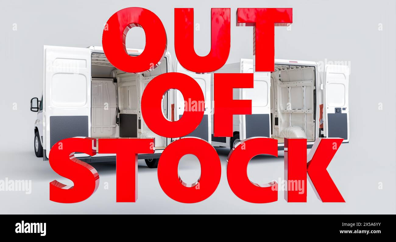3d illustration of a vacant cargo van with a bold out of stock message overlay Stock Photo