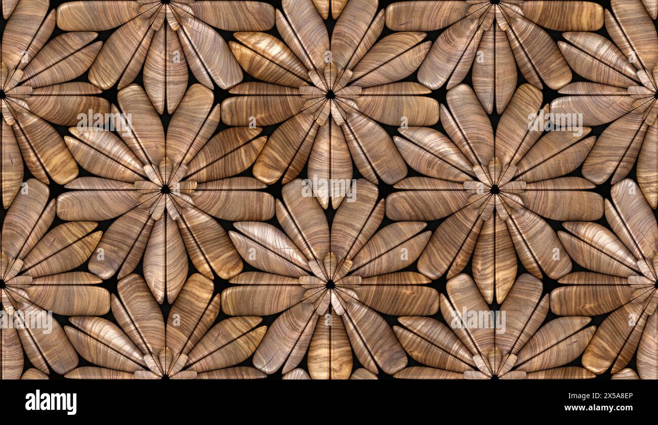3d hard wood tiles with gold matte elements on black background. High ...