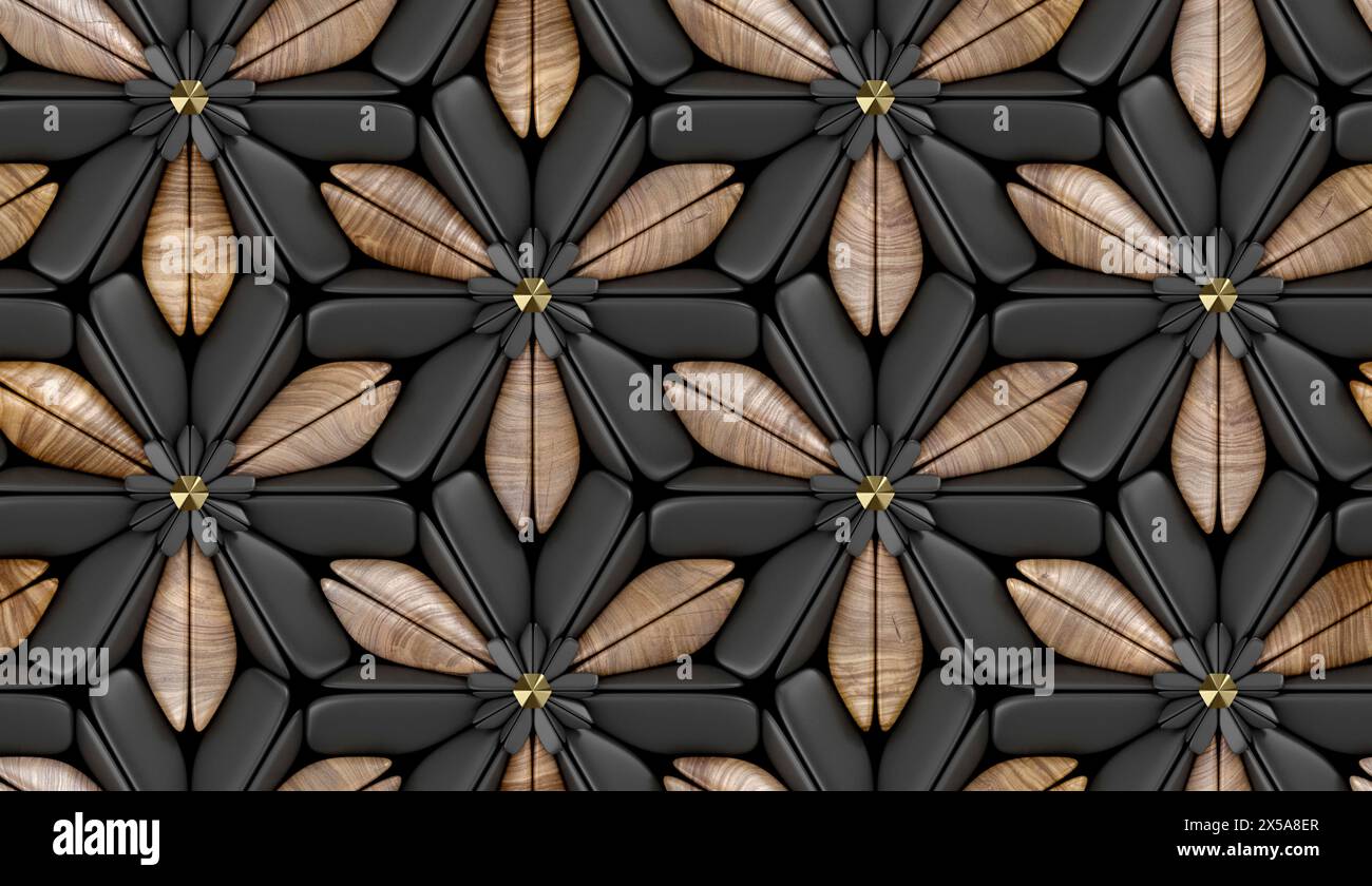 3d hard wood tiles with gold matte elements on black background. High ...