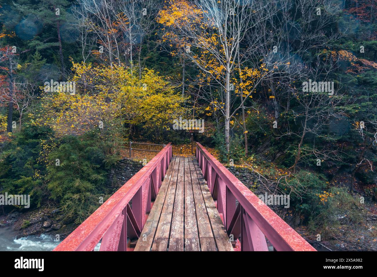 A vibrant red bridge spans a river surrounded by the autumn colors of Selva de Oza forest in Aragón, within the peaceful Western Valleys of the Pyrene Stock Photo