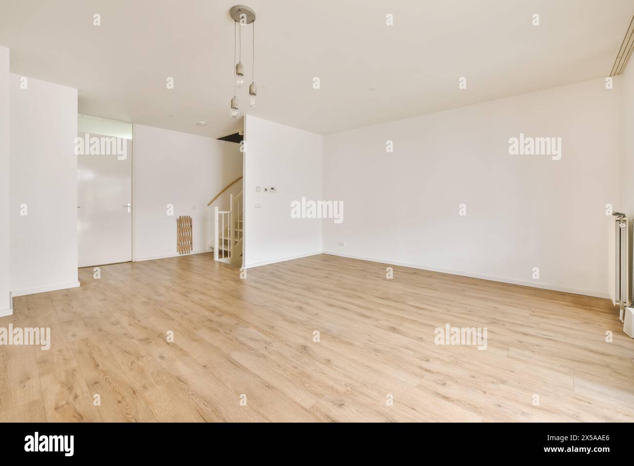 Empty modern living room with bright wooden flooring, white walls, and ...