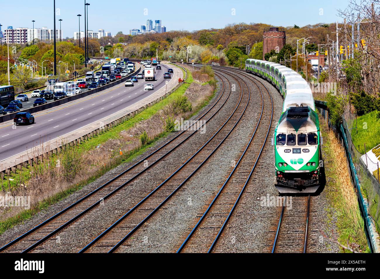 Gardiner Expressway and Go Transit rail traffic during rush hour. Toronto Ontario Canada Stock Photo