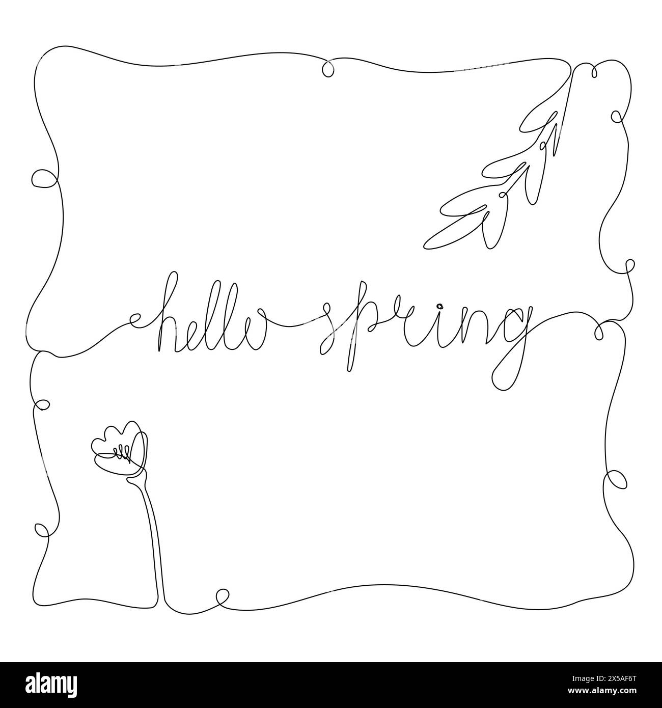 Hello Spring Line Drawing One line drawing typography quote Hello Spring. Phrase on minimalist ...