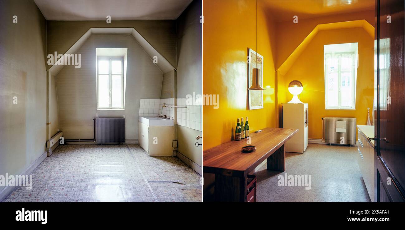 Image showcasing 1970s vintage apartment kitchen before and after renovation Stock Photo ...