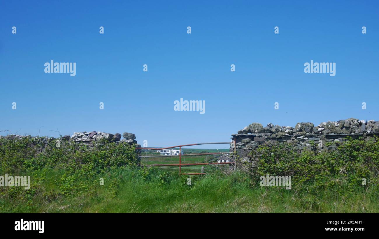 Grand Designs. A beautiful stone wall with a gate into a field in rural Ireland where a big white house is planted. Stock Photo