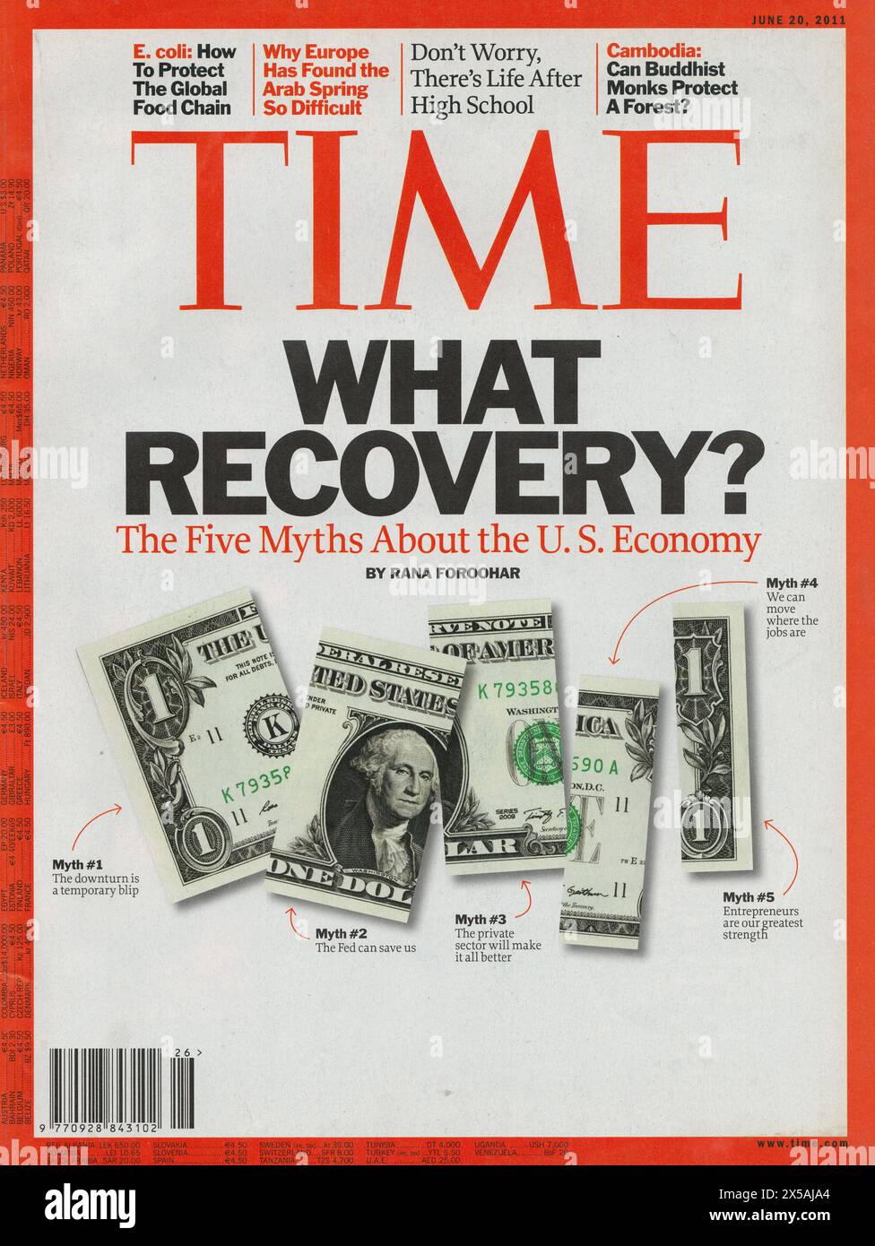 Time magazine cover page form June 20 2011, Time first page What recovery? The five myths about the US economy? Stock Photo