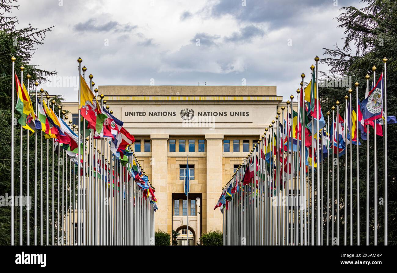 Blick auf den Palais des Nations, welches der Hauptsitz der Vereinten Nationen in Genf ist. (Genf, Schweiz, 03.08.2023) Stock Photo
