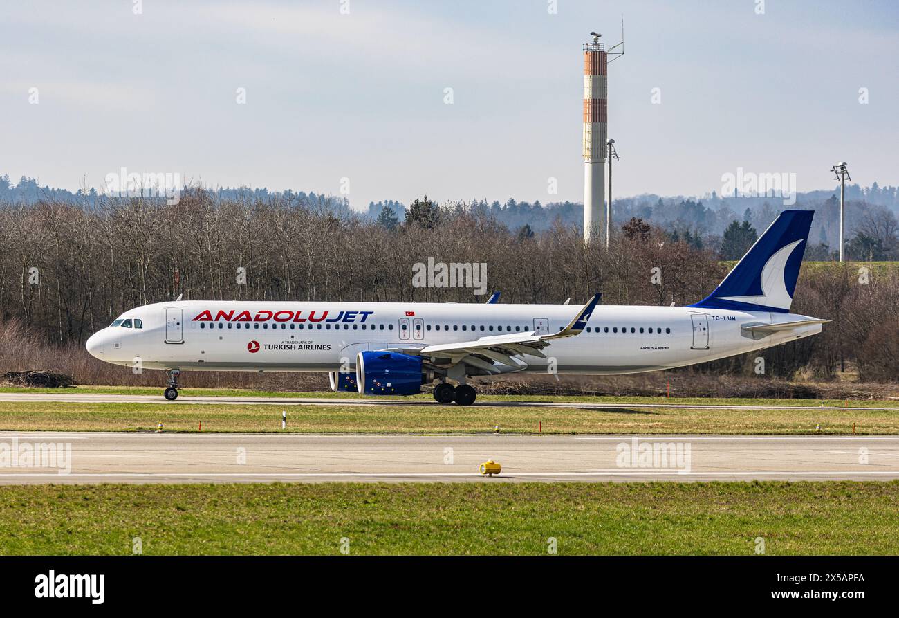 An Airbus A321-271NX from Anadolujet taxis to the terminal after landing at Zurich Airport. Registration TC-LUM. (Zurich, Switzerland, 10.03.2024) Stock Photo