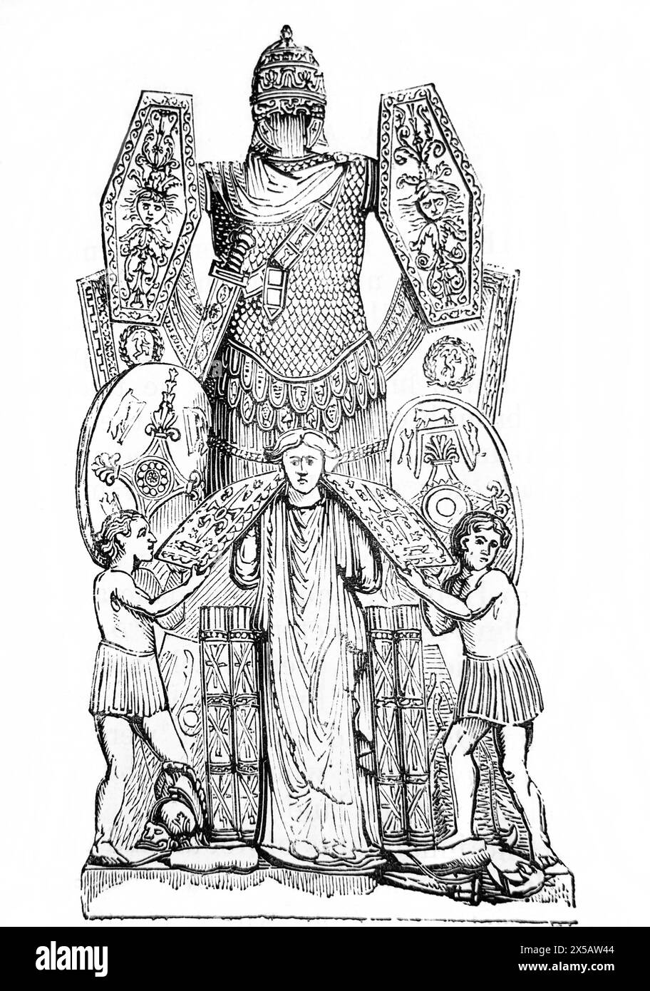 Wood Engraving of Military Trophy Celebrating Trajan's Victory of the Dacians from 19th Century Illustrated Family Bible Stock Photo