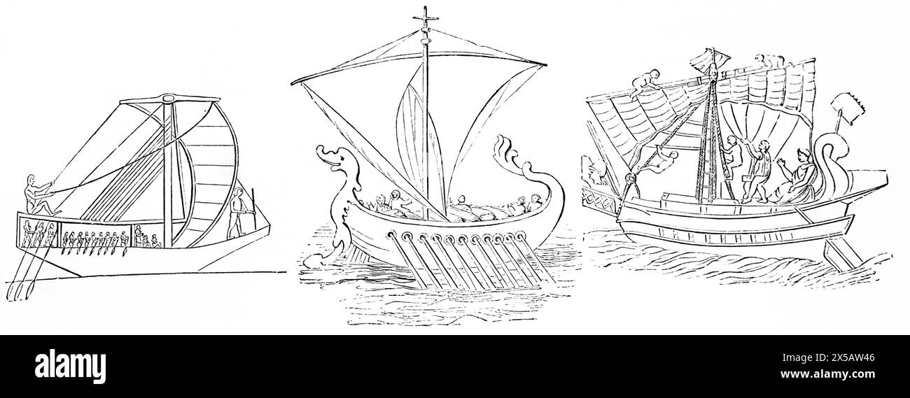 Wood Engraving of Different Ships from left to Right Egyptian Ship from the Grotto of Eleutherium, Galley from walls of Pompeii and Ship from Bas Reli Stock Photo