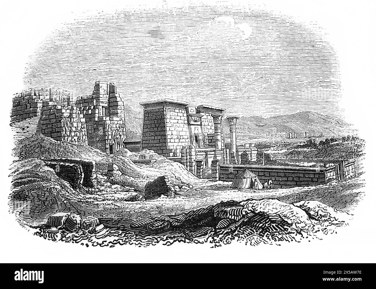 Wood Engraving of No (No-Amon) Biblical City Capital of Ancient Egypt Medinet Abou (Habu) from 19th Century Illustrated Family Bible Stock Photo
