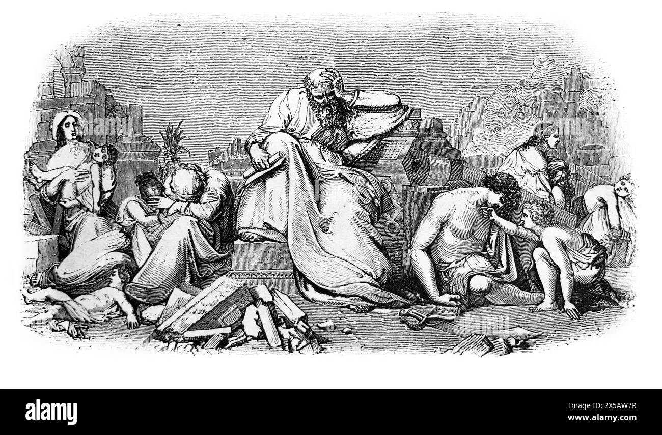 Wood Engraving of Jeremiah among the Ruins of Jerusalem after the Jewish-Babylonian War (Lamentations) from 19th Century Illustrated Family Bible Stock Photo