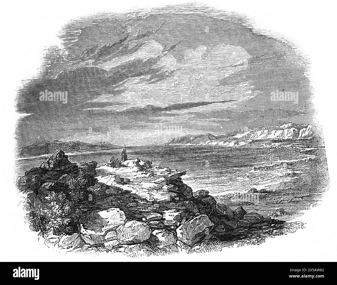 Wood Engraving of the Dead Sea in Jordan as Described in the Book of Ezekiel from 19th Century Illustrated Family Bible Stock Photo