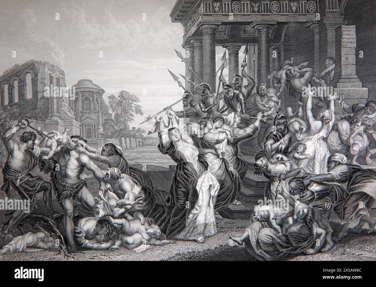 Wood Engraving of the Murder of the innocents from 19th Century Illustrated Family Bible - Herod the Great King of Judea Orders the Execution of all M Stock Photo